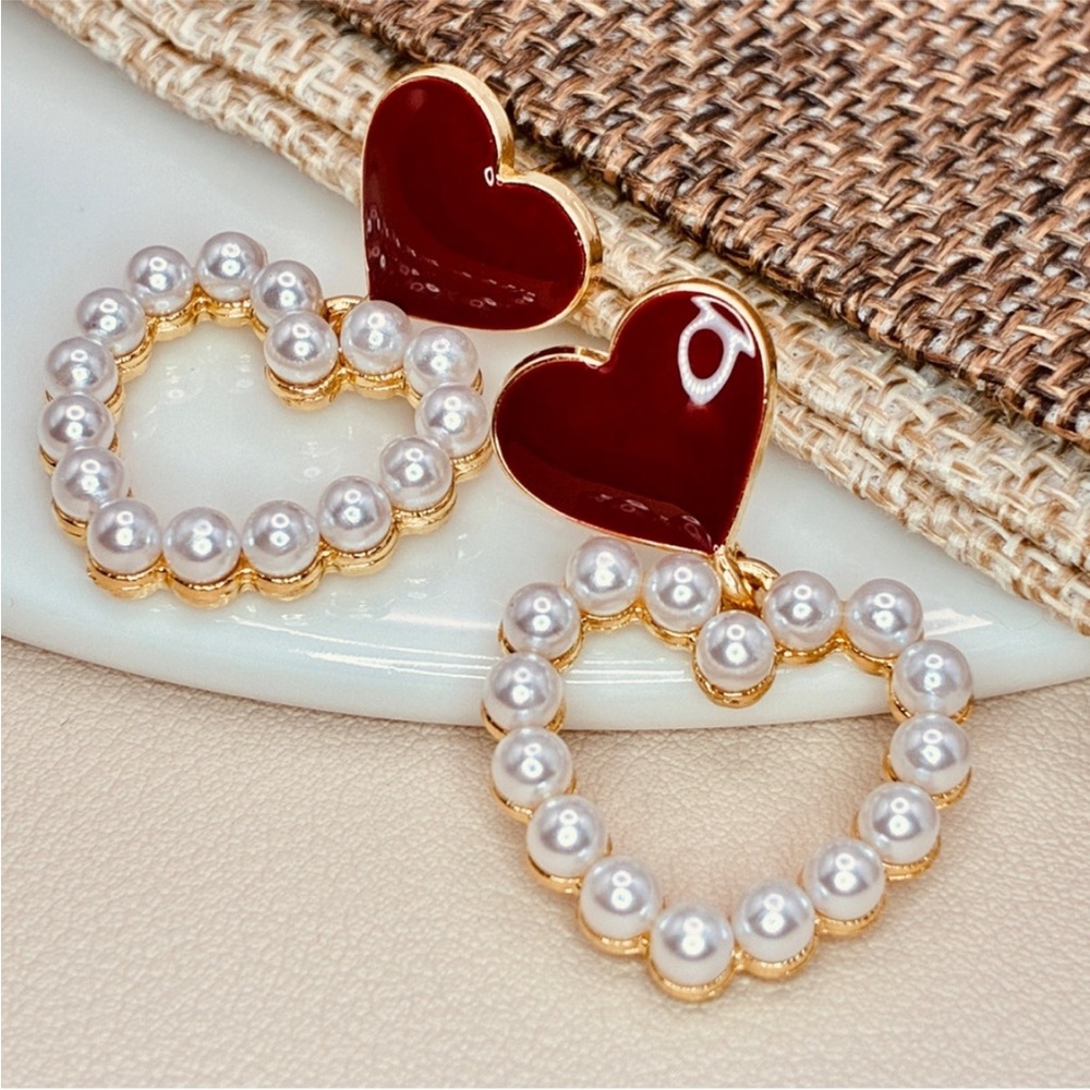 Red Burgundy Enamel Heart-Shaped Pearl Dangle Drop Earrings